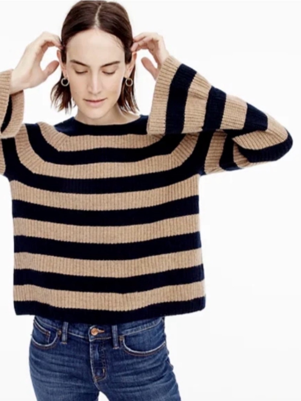 J Crew 100% Cashmere Sweater Tan Navy Striped Bell Ruffle Sleeves XXS